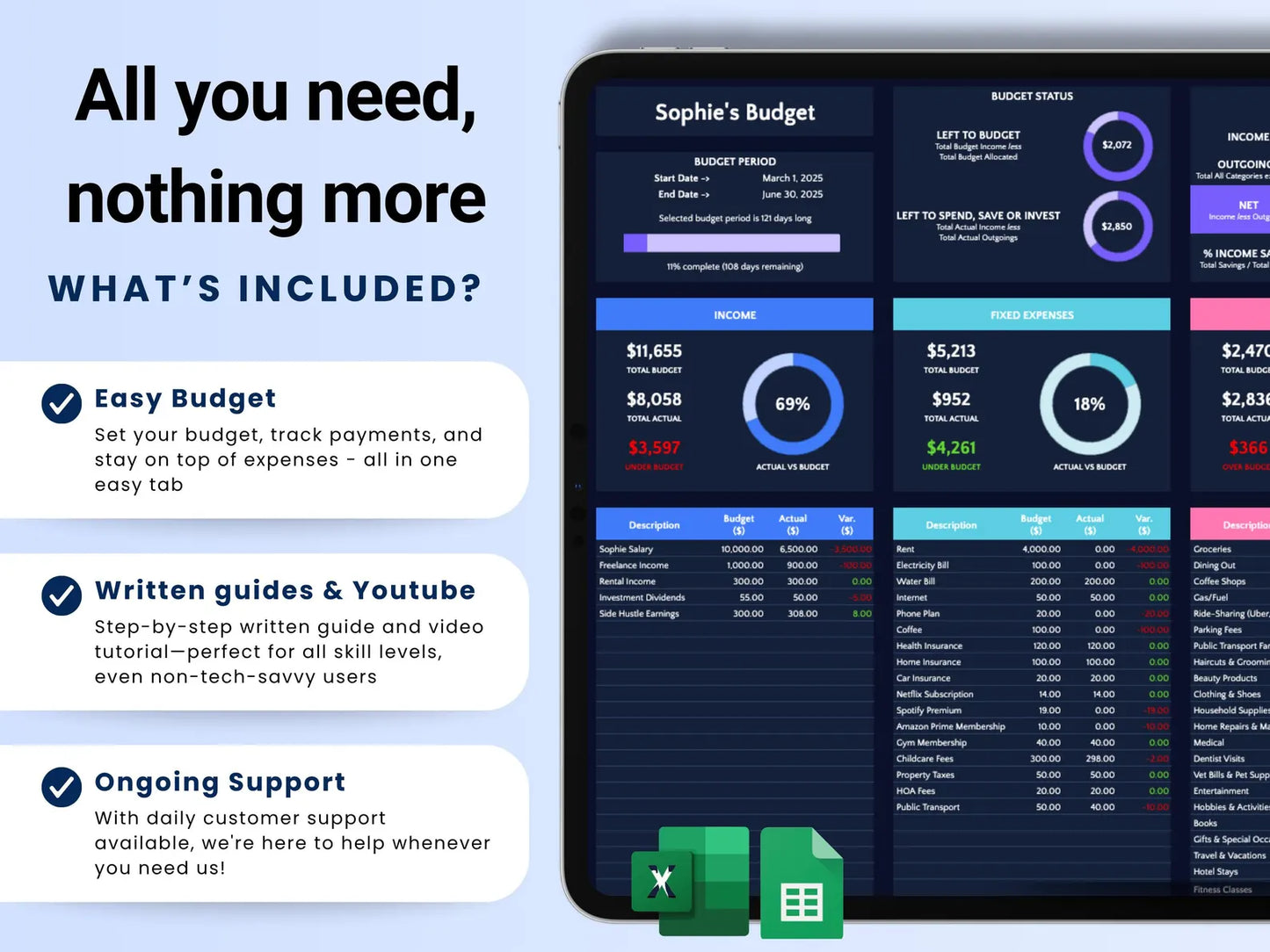 Monthly Budget For Google Sheet & Excel Spreadsheet